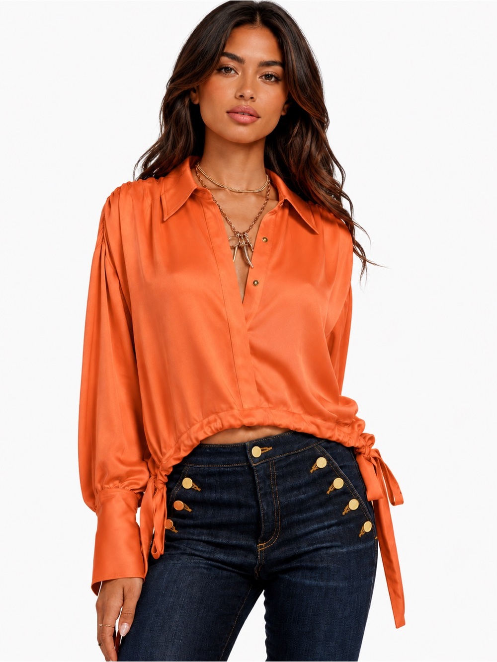 Ramy Brook Heidi Guava Satin Cinched Tie Top NWT L $365